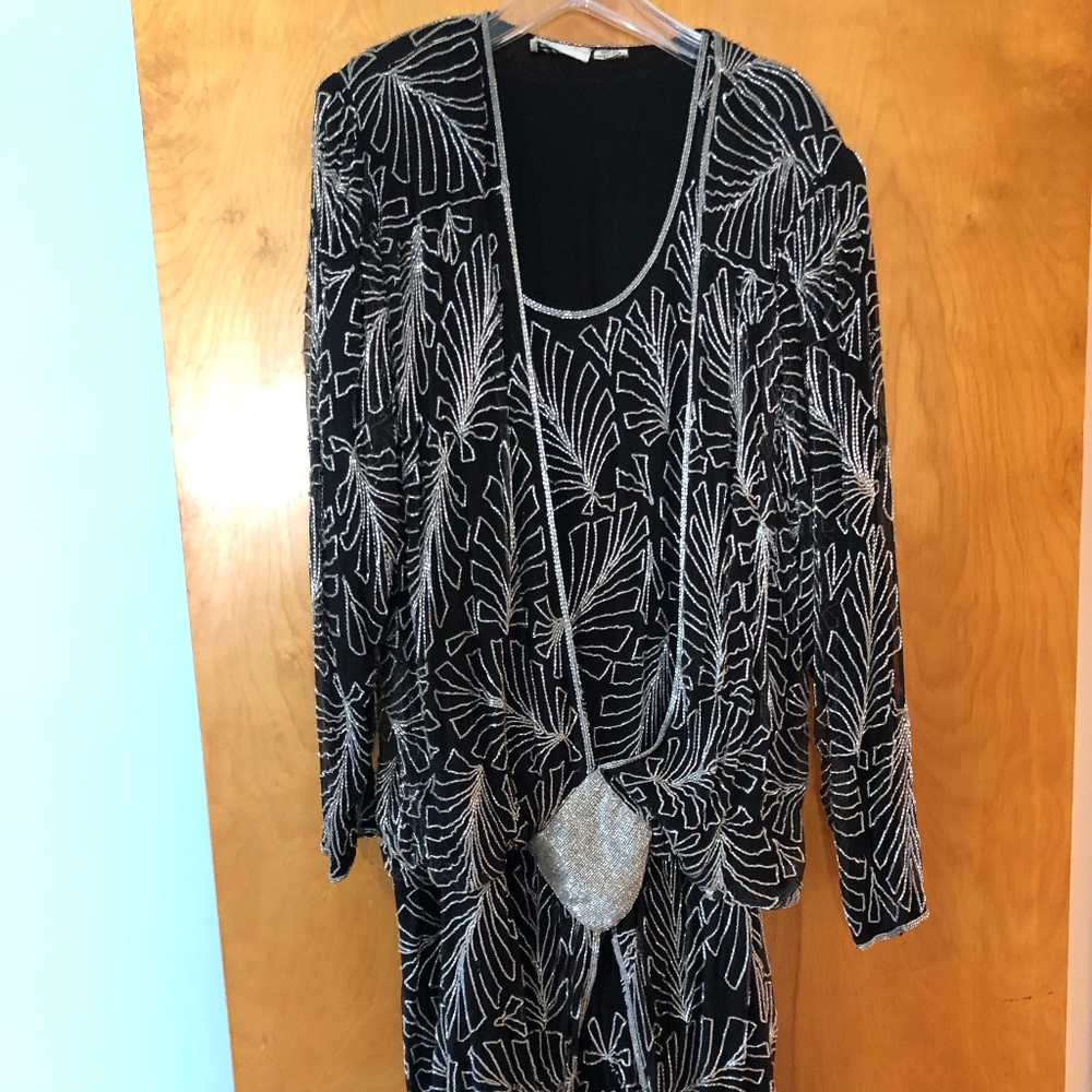 Womens Black Silk and Beaded Dress
